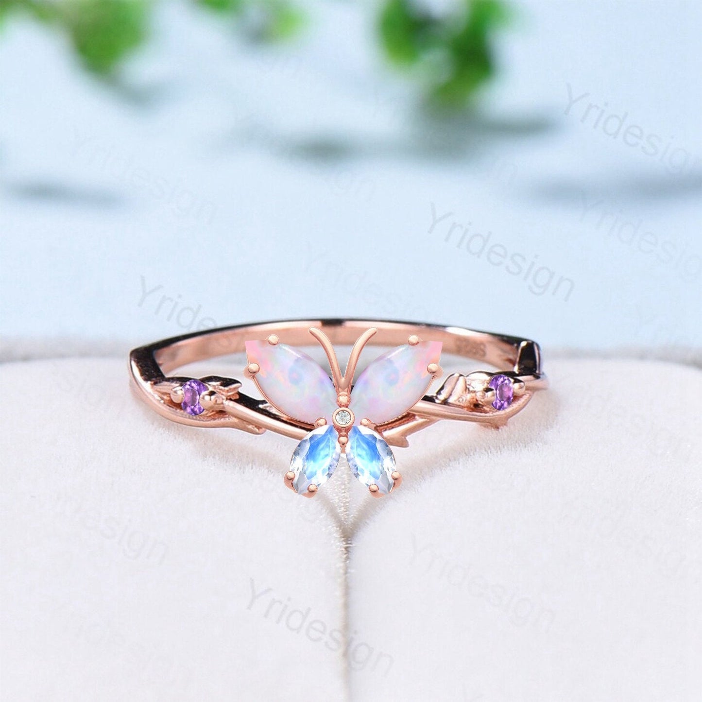 Unique Butterfly Marquise Opal Amethyst Wedding Ring Vintage Inspired White Opal Amethyst Ring twist vine anniversary promise ring for women - PENFINE