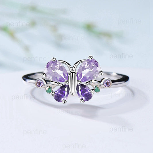 Vintage Pear Shaped Amethyst Engagement Ring Unique Butterfly Purple amethyst silver white gold promise ring anniversary gift for daughter - PENFINE