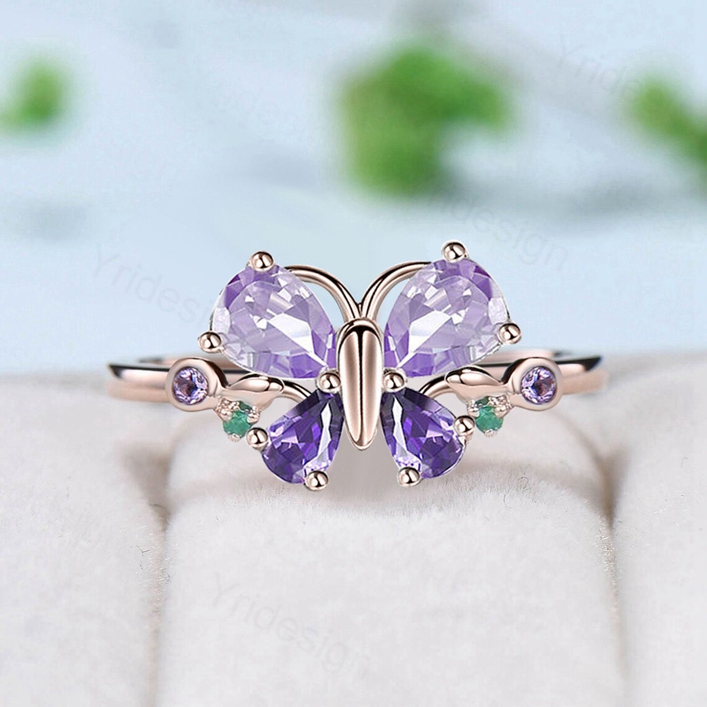 Vintage Pear Shaped Amethyst Engagement Ring Unique Butterfly Purple amethyst silver white gold promise ring anniversary gift for daughter - PENFINE