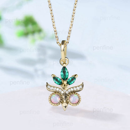 Vintage Opal Emerald Pendant necklace Night Owl moissanite necklace marquise emerald pendant for women Unique Handmade Proposal Gifts Women - PENFINE