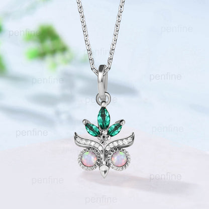 Vintage Opal Emerald Pendant necklace Night Owl moissanite necklace marquise emerald pendant for women Unique Handmade Proposal Gifts Women - PENFINE