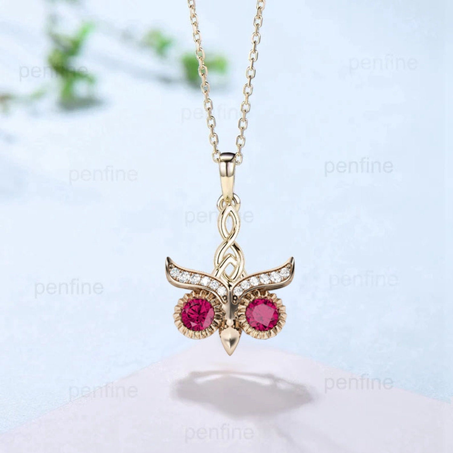 Vintage Night Owl Ruby Pendant Necklace Unique Retro Norse Viking  Lab Red Ruby Necklace Moissanite pendant Retro Necklace Anniversary gift - PENFINE