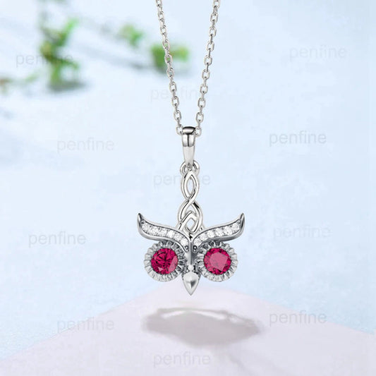 Vintage Night Owl Ruby Pendant Necklace Unique Retro Norse Viking Lab Red Ruby Necklace Moissanite pendant Retro Necklace Anniversary gift - PENFINE