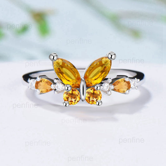 Unique Butterfly Citrine Engagement Ring Vintage Marquise and Pear  Citrine Rings  Wedding Ring  Anniversary Ring November Birthstone Gift - PENFINE