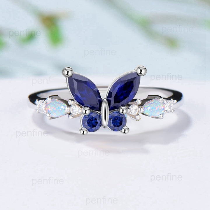 Unique Butterfly Marquise Blue Sapphire Engagement Ring Vintage Pear White Opal Wedding Ring Cute Anniversary Ring September Birthstone Gift - PENFINE