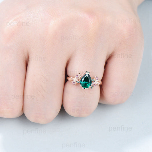 Natural inspired Lab Created Emerald Ring Vintage Twig Pear Shaped Engagement Ring Leaf Amethyst marquise moss agate Wedding Branch Ring - PENFINE