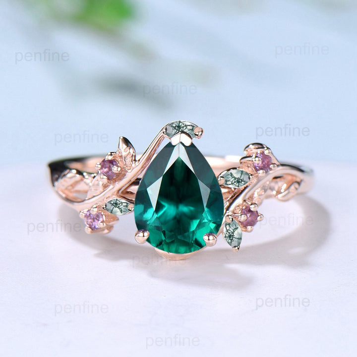 Natural inspired  Lab Created Emerald Ring Vintage Twig Pear Shaped Engagement Ring Leaf Amethyst marquise moss agate Wedding Branch Ring - PENFINE