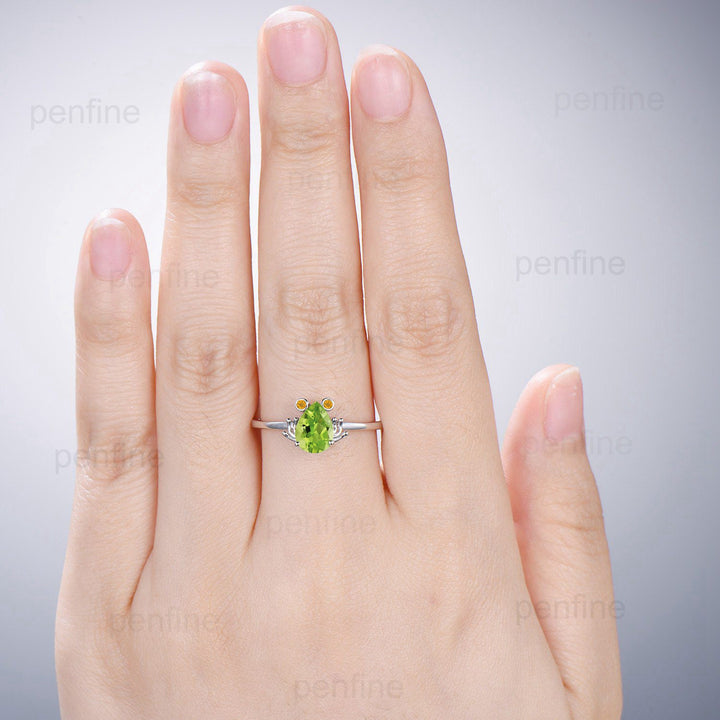 Unique Frog Citrine Peridot Engagement Ring Forest Inspired Peridot Citrine Wedding Ring  Vintage White Gold Anniversary Birthstone Ring - PENFINE