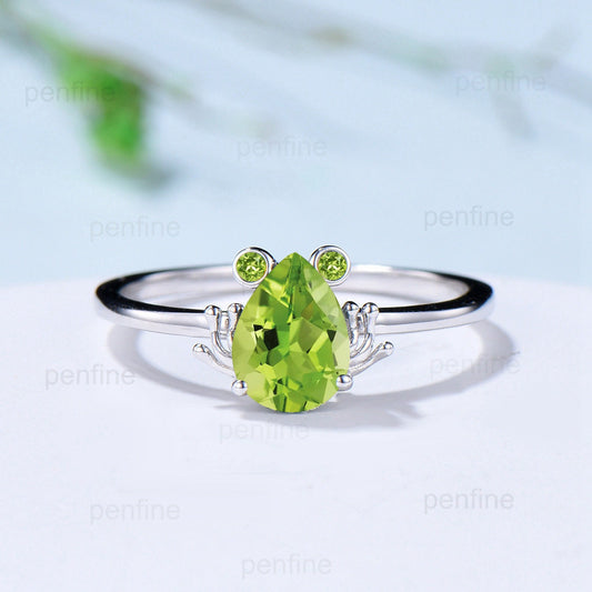 Unique Frog Citrine Peridot Engagement Ring Forest Inspired Peridot Citrine Wedding Ring Vintage White Gold Anniversary Birthstone Ring - PENFINE