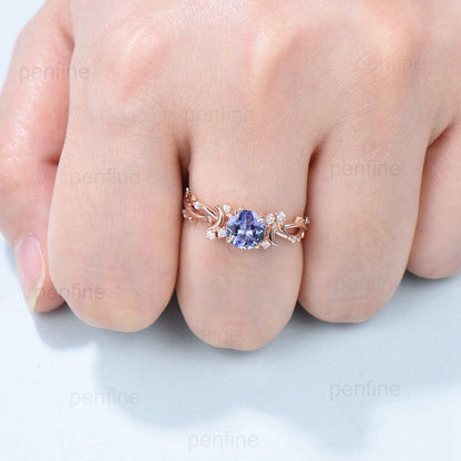 Elegant Round Tanzanite Ring Vintage Moon Engagement Ring Leaf Tanzanite Diamond Wedding Ring Women Nature inspired Branch Proposal Gift - PENFINE