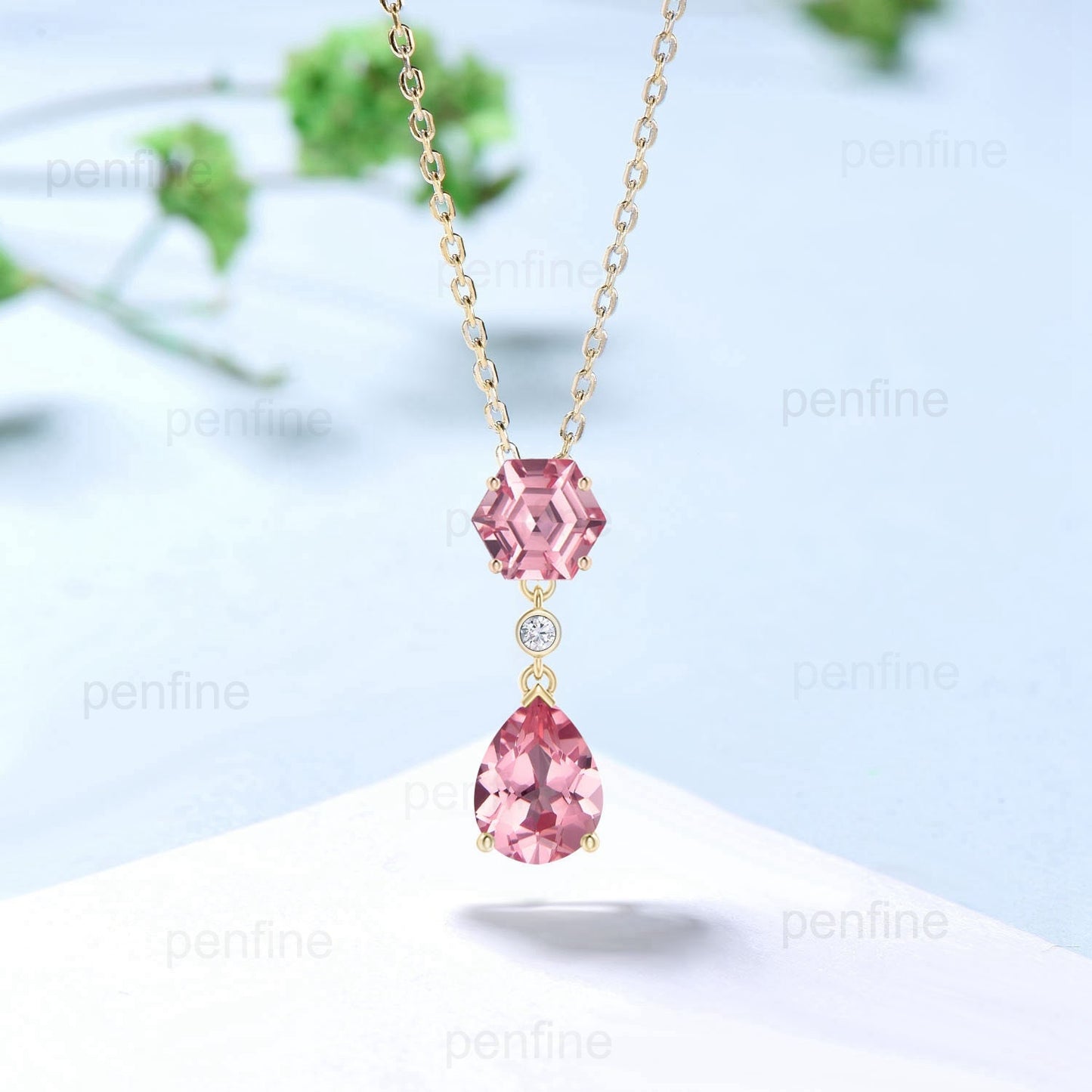 Hexagon Cut Padparadscha Sapphire Pendant Necklace Minimalist Pear Shaped Papalacha Sapphire Rose Gold Pendant Necklace Anniversary Gift - PENFINE