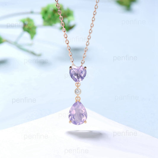 Vintage Heart Shaped Lavender Amethyst Pendant necklace Dainty Minimalist pear shaped purple amethyst necklace for women anniversary gift - PENFINE