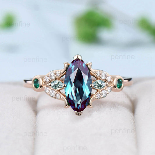 Vintage Marquise Cut alexandrite engagement ring split shank green agate color change ring silver yellow gold emerald wedding ring for women - PENFINE