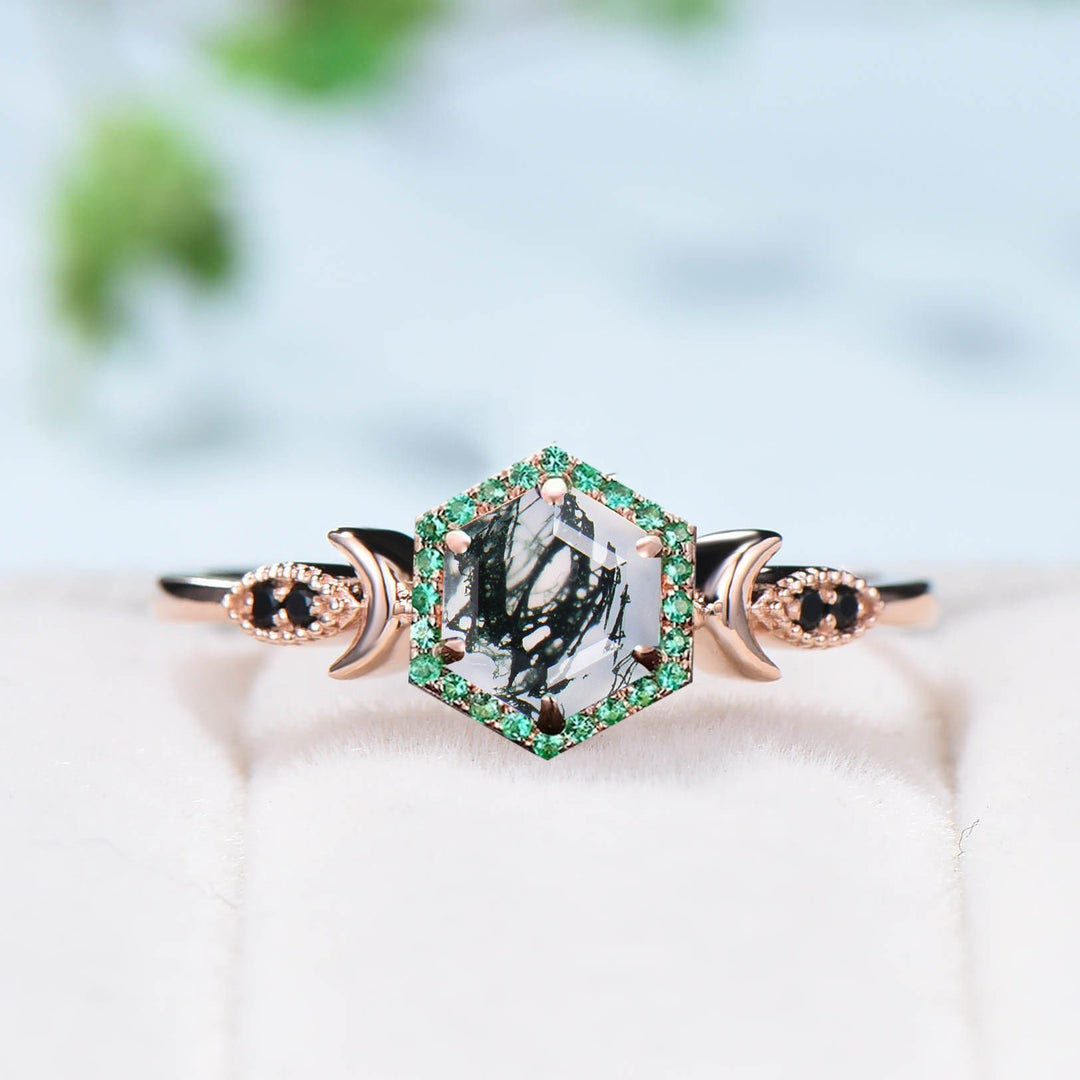 Vintage Hexagon moss agate engagement ring Dainty moon wedding ring women halo emerald green agate promise ring black spinel band ring women - PENFINE