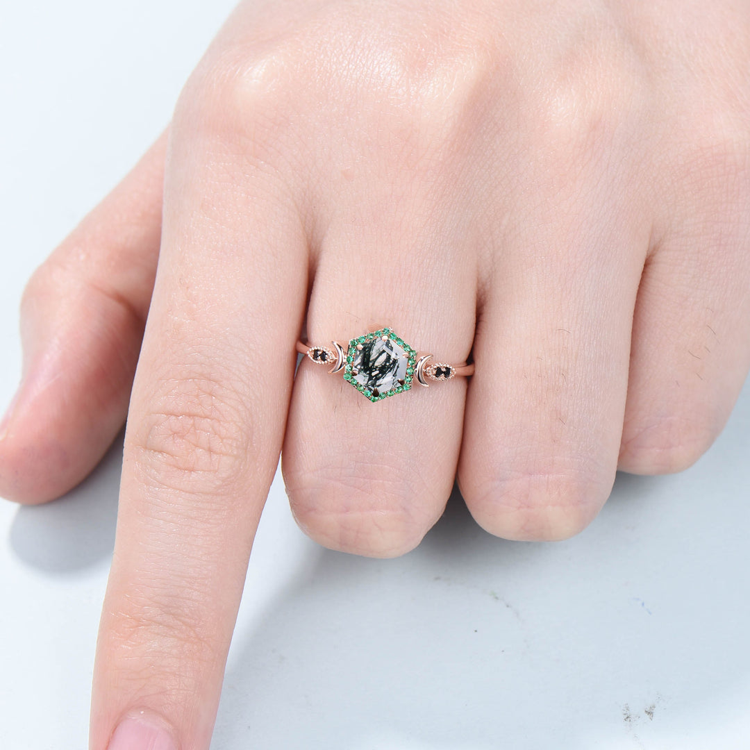 Vintage Hexagon moss agate engagement ring Dainty moon wedding ring women halo emerald green agate promise ring black spinel band ring women - PENFINE