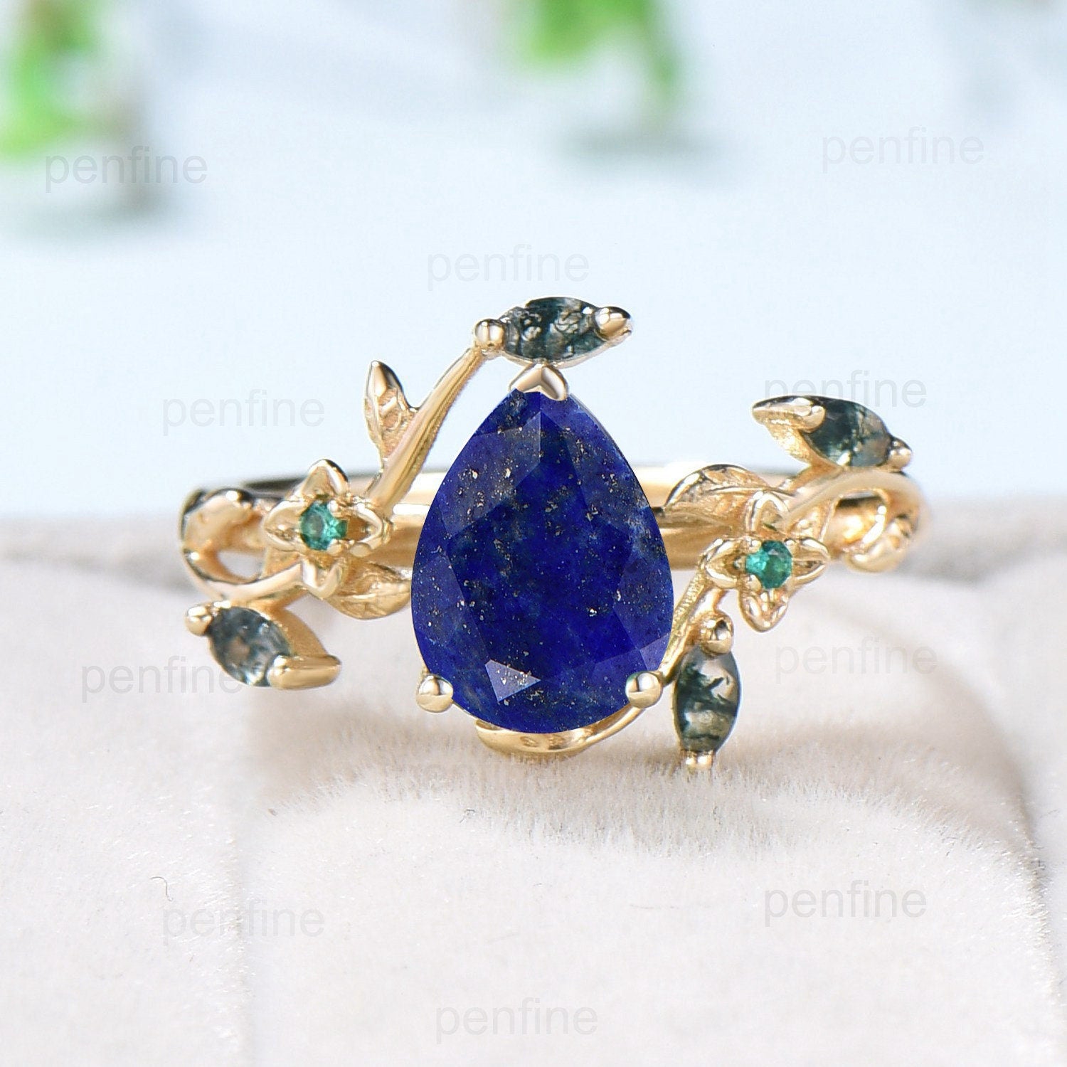 Elegant Pear Shaped Lapis Lazuli Ring Vintage Flower Engagement Ring Leaf Marquise Moss Agate Wedding Ring Unique Emerald Twig Branch Ring - PENFINE