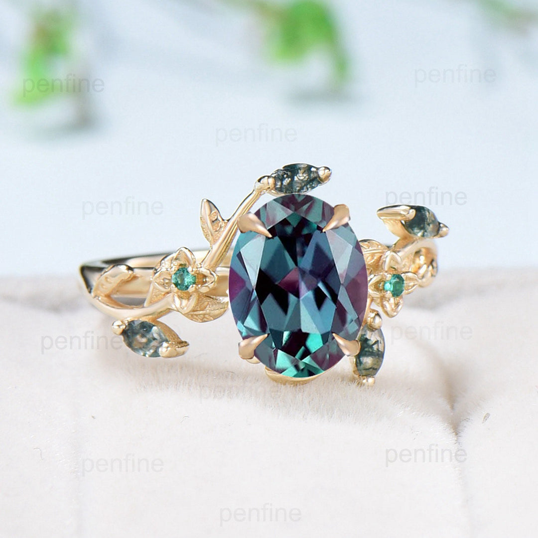 Nature Inspired alexandrite ring cluster emerald marquise cut moss agate twig branch color change engagement ring women unique fine jewelry - PENFINE