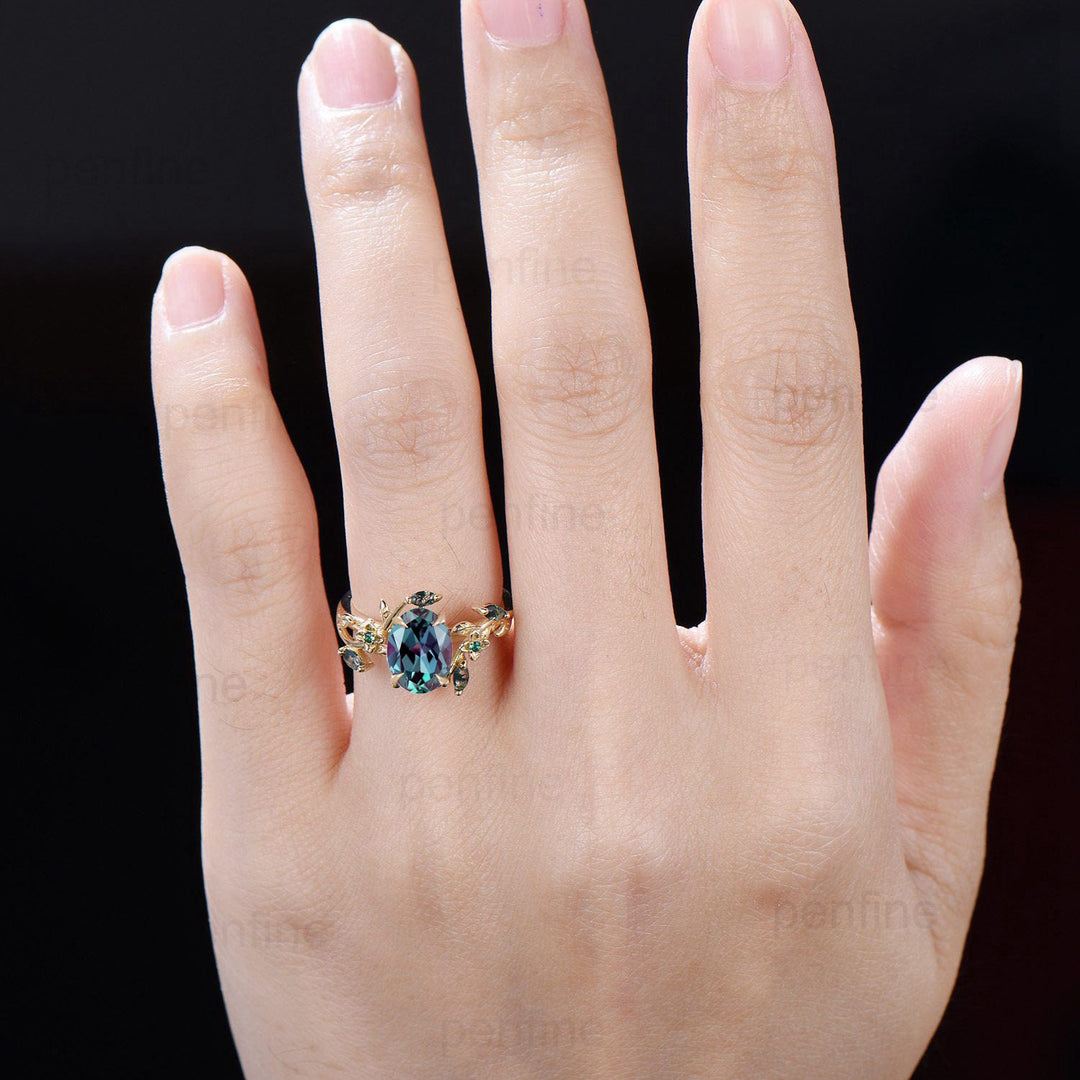 Nature Inspired alexandrite ring cluster emerald marquise cut moss agate twig branch color change engagement ring women unique fine jewelry - PENFINE