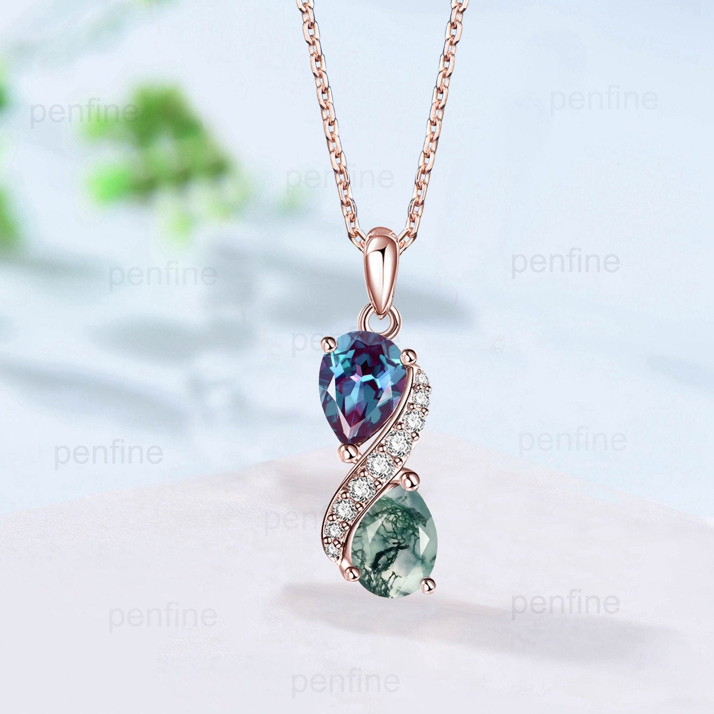 Unique Moss Agate Pendant Necklace Women Alternative Alexandrite Moissanite Green Agate Vintage Snake Promise Gift pear shaped pendant women - PENFINE