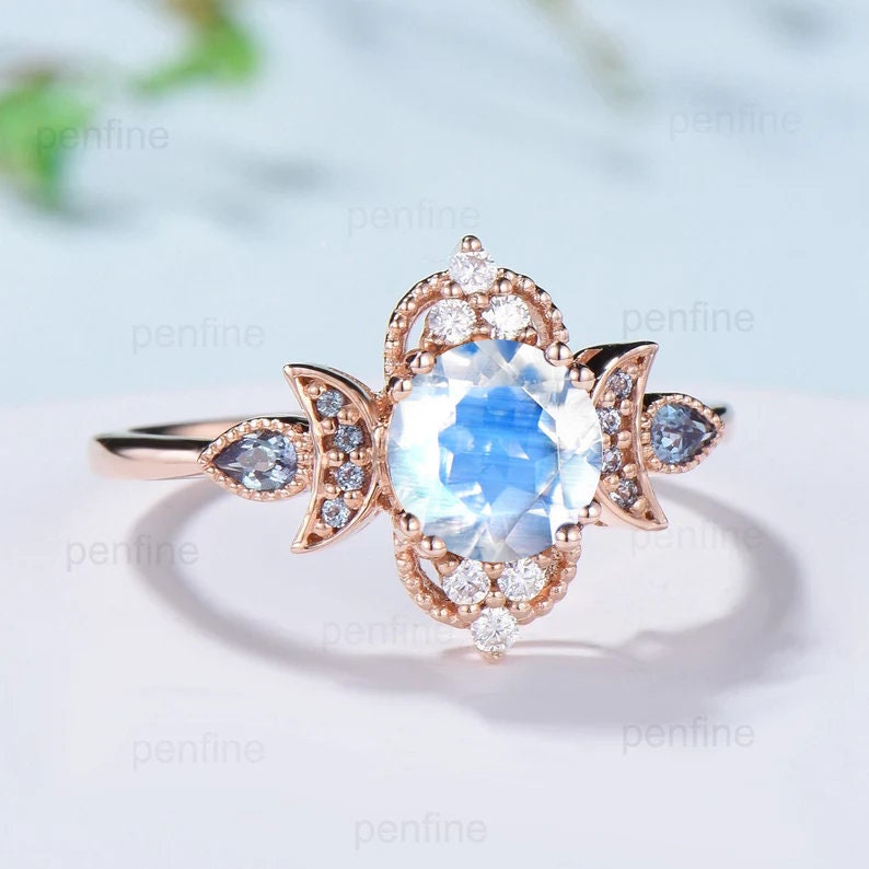 Vintage Moonstone Engagement Ring Unique Crescent Moon Color Change Wedding Ring Women Unique Art Deco Anniversary June Birthstone Ring Ring - PENFINE