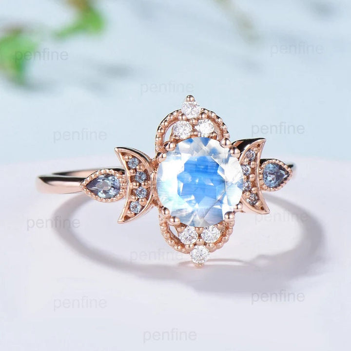 Vintage Moonstone Engagement Ring Unique Crescent Moon Color Change Wedding Ring Women Unique Art Deco Anniversary June Birthstone Ring Ring - PENFINE