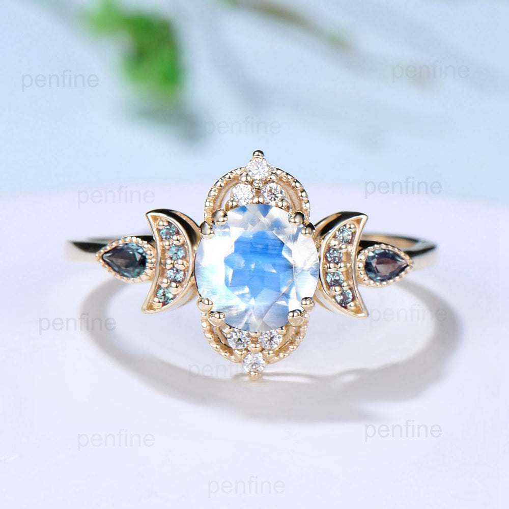 Vintage Moonstone Engagement Ring Unique Crescent Moon Color Change Wedding Ring Women Unique Art Deco Anniversary June Birthstone Ring Ring - PENFINE