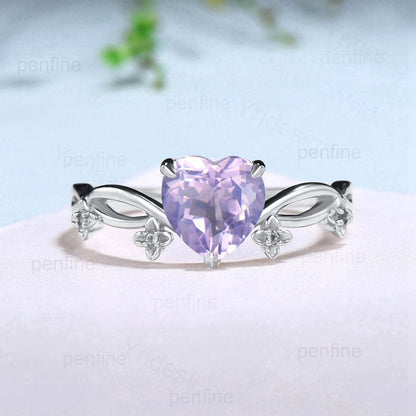 Elegant Lavender Amethyst Ring Unique Purple Crystal Heart Shaped Engagement Ring Flower Amethyst Wedding Ring February Birthstone Jewelry - PENFINE