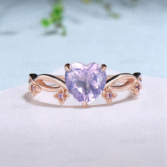 Elegant Lavender Amethyst Ring Unique Purple Crystal Heart Shaped Engagement Ring Flower Amethyst Wedding Ring February Birthstone Jewelry - PENFINE