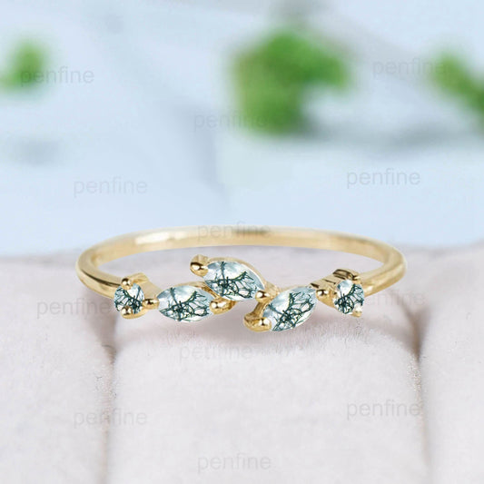 Vintage Moss Agate Wedding Band Marquise cut green agate wedding ring Curved Retro Stacking ring matching Bridal band Her Anniversary gift - PENFINE
