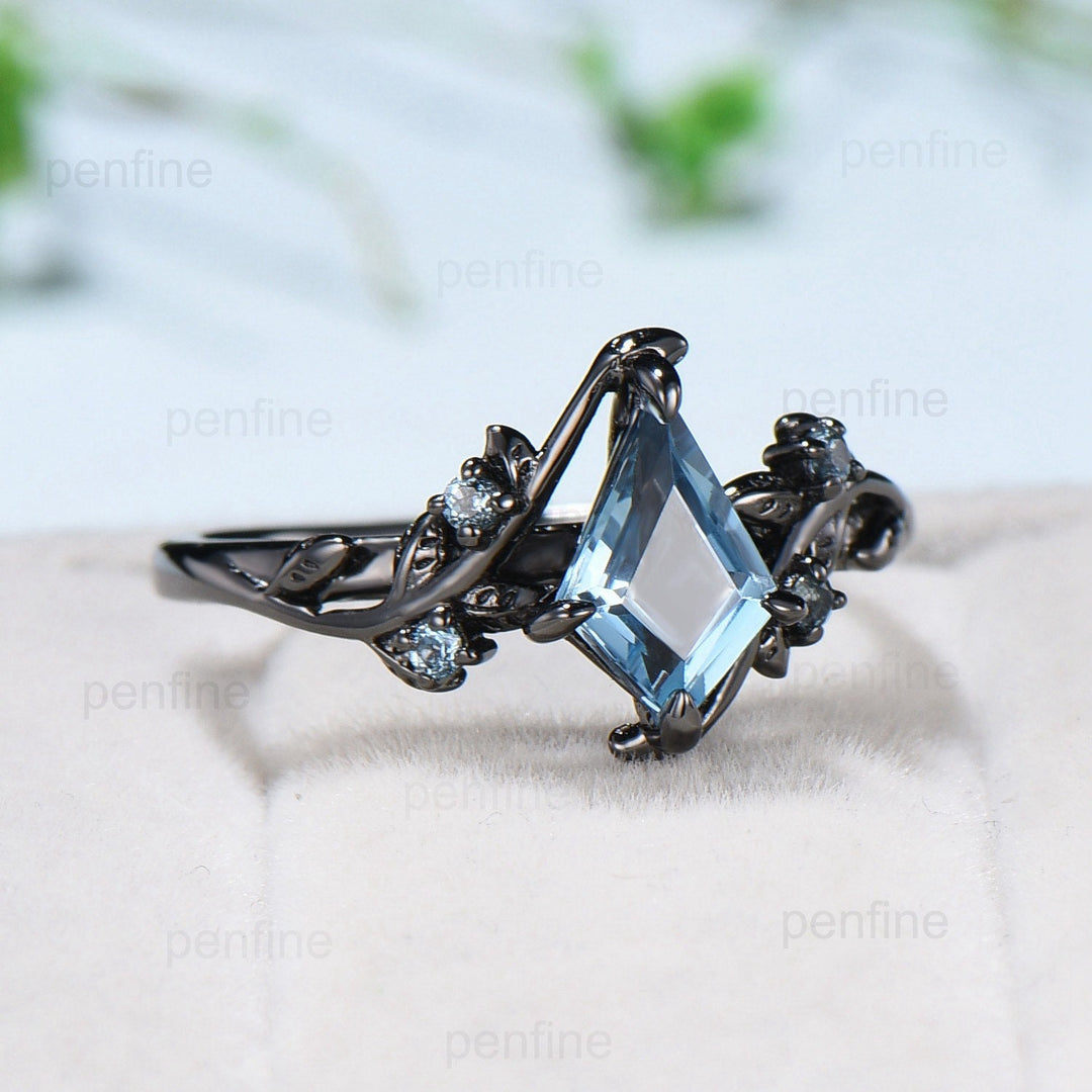 1carat Black Gold London Blue Topaz Ring Vintage Kite cut Natural Inspired Leaf vine engagement ring branch wedding ring November birthstone - PENFINE