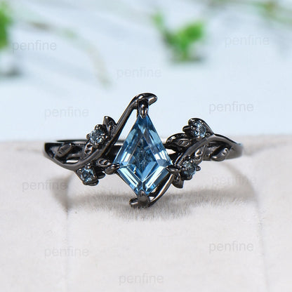 1carat Black Gold London Blue Topaz Ring Vintage Kite cut Natural Inspired Leaf vine engagement ring branch wedding ring November birthstone - PENFINE