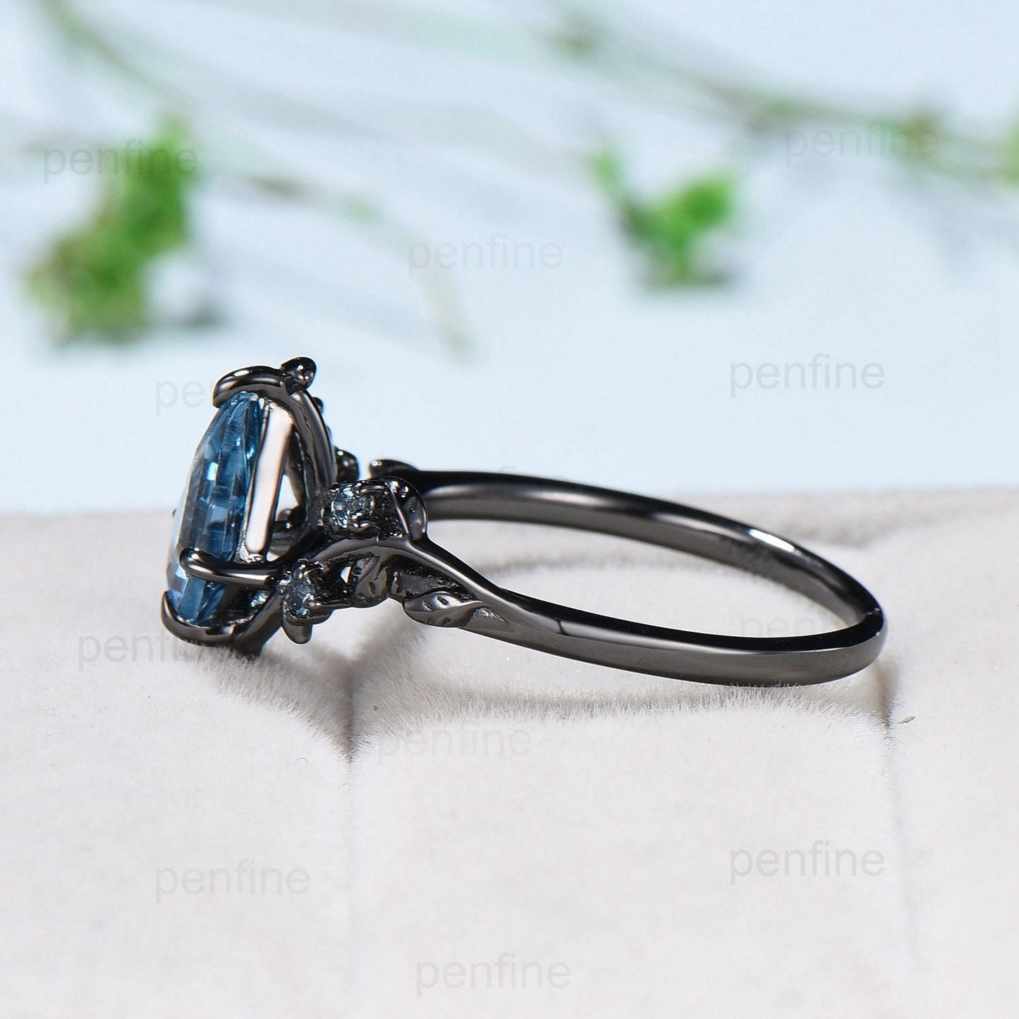 1carat Black Gold London Blue Topaz Ring Vintage Kite cut Natural Inspired Leaf vine engagement ring branch wedding ring November birthstone - PENFINE