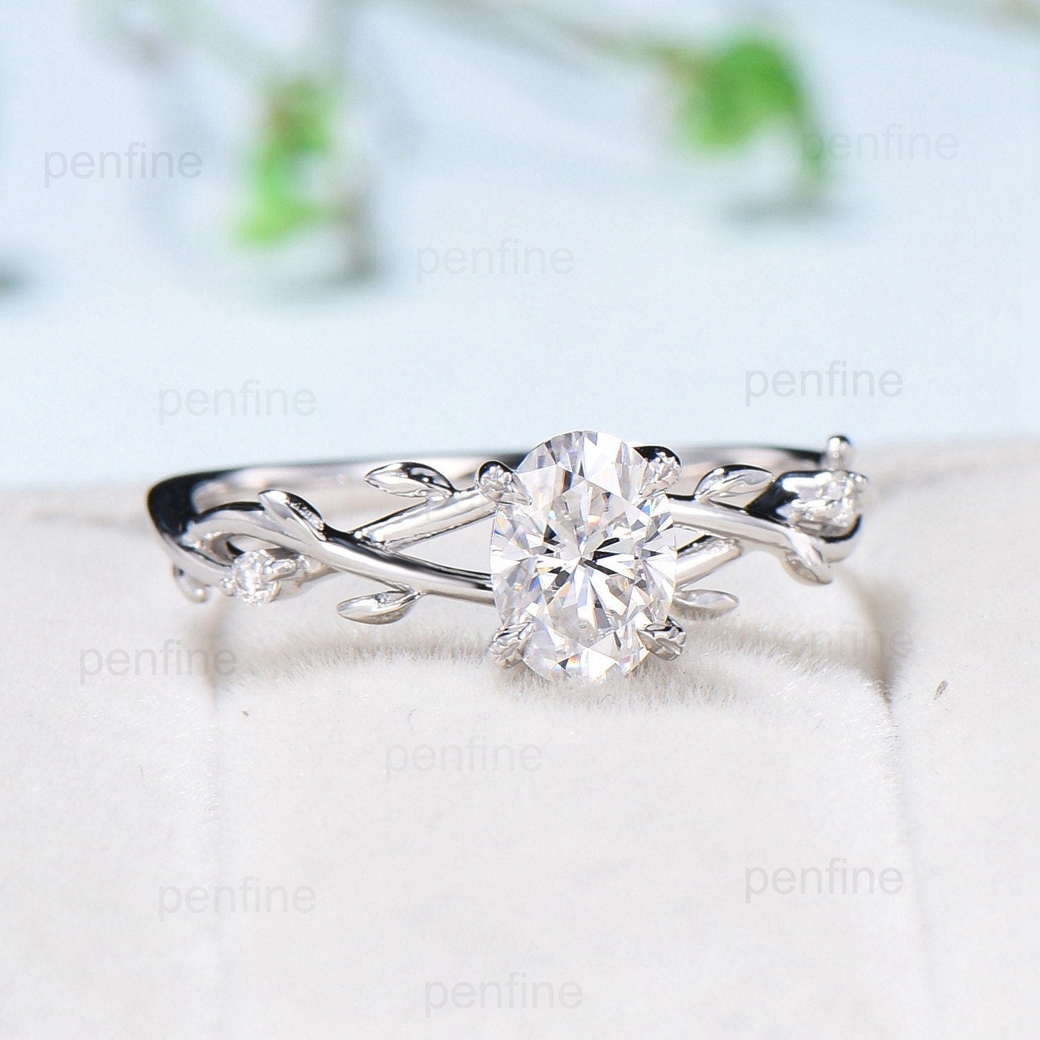 1 carat Oval Moissanite ring Nature Inspired Engagement Ring Silver Gold CZ Ring Branch Leaf Certificate Lab Grown Diamond Wedding Ring - PENFINE