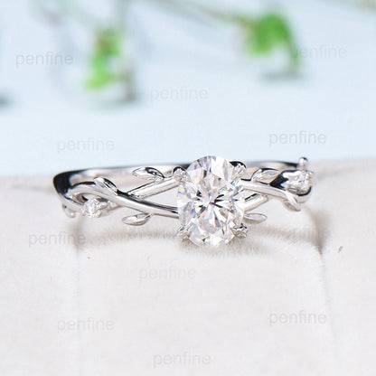 1 carat Oval Moissanite ring Nature Inspired Engagement Ring Silver Gold CZ Ring Branch Leaf Certificate Lab Grown Diamond Wedding Ring - PENFINE