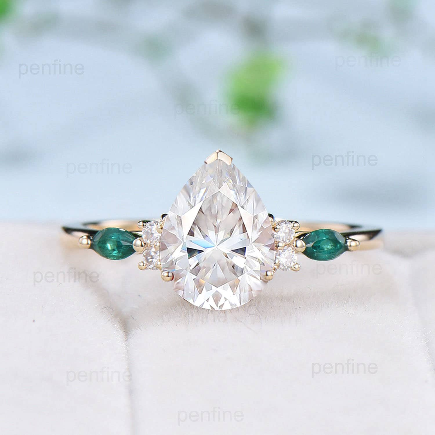 2.5 carat Pear Shaped Moissanite Ring Set vintage 8x10mm teardrop moissanite engagement ring set Cluster emerald garnet band bridal set - PENFINE