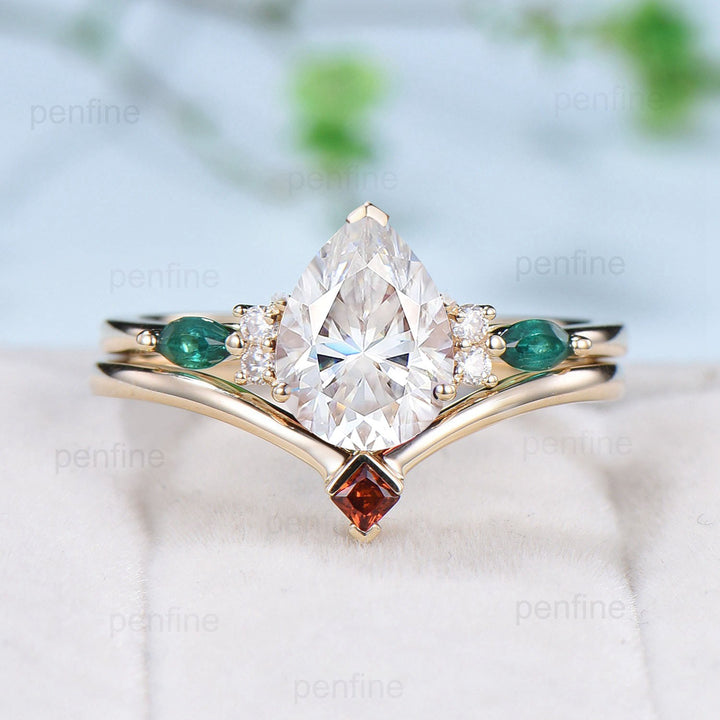 2.5 carat Pear Shaped Moissanite Ring Set vintage 8x10mm teardrop moissanite engagement ring set Cluster emerald garnet band bridal set - PENFINE