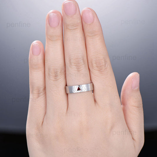 6mm Men's Ring Trillion Garnet Brushed Finished Band Solitaire Wedding Band Silver 14K Solid White Gold Unique Matching Band Gift For Men - PENFINE