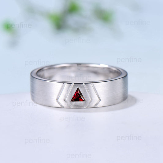 6mm Men's Ring Trillion Garnet Brushed Finished Band Solitaire Wedding Band Silver 14K Solid White Gold  Unique Matching Band Gift For Men - PENFINE