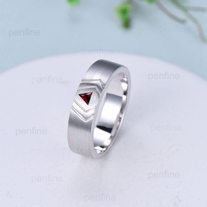 6mm Men's Ring Trillion Garnet Brushed Finished Band Solitaire Wedding Band Silver 14K Solid White Gold  Unique Matching Band Gift For Men - PENFINE