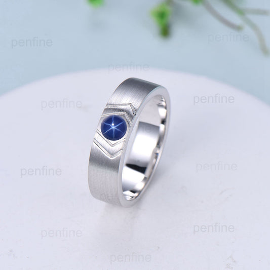 6mm Men's star Sapphire Ring Retro Brushed Finished Solitaire Wedding Band Silver 14K Solid White Gold Unique Matching Band Gift For Men - PENFINE