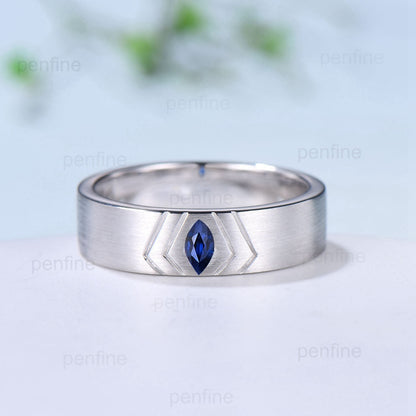 6mm Men's Marquise Cut Sapphire Ring Vintage Brushed Finished Solitaire Wedding Band Silver 14K Solid White Gold Unique Stacking Band Men - PENFINE