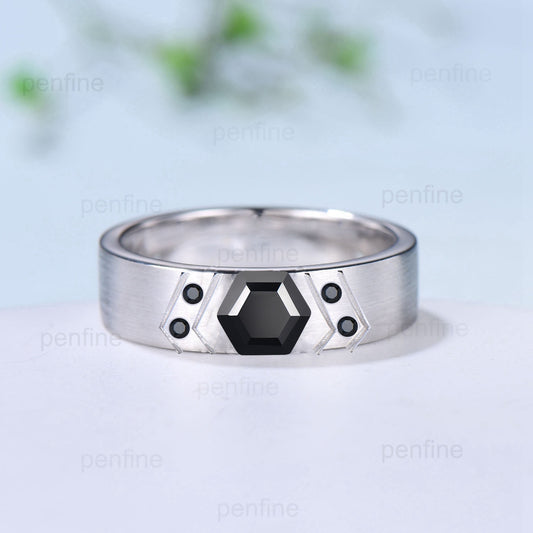 6mm Men's Wedding Ring Retro 1 carat Black Onyx Brushed Finished Solitaire Wedding Band Silver 14K Solid White Gold Unique Birthday Gift Men - PENFINE