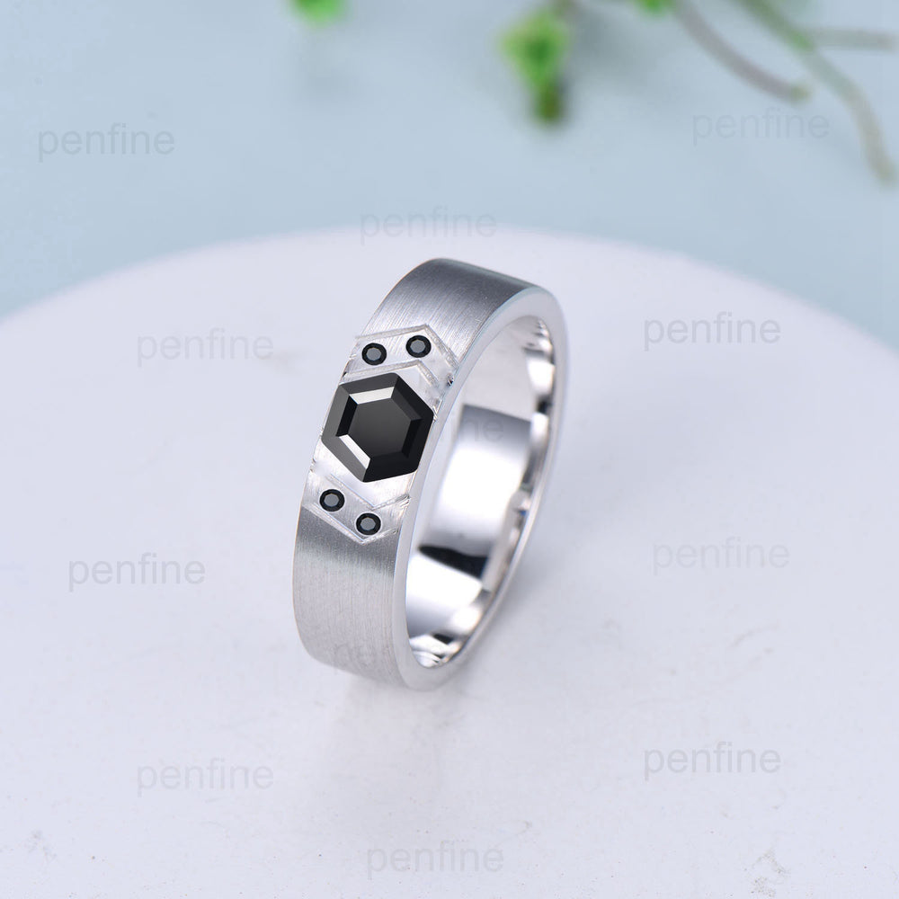 6mm Men's Wedding Ring Retro 1 carat Black Onyx Brushed Finished Solitaire Wedding Band Silver 14K Solid White Gold Unique Birthday Gift Men - PENFINE