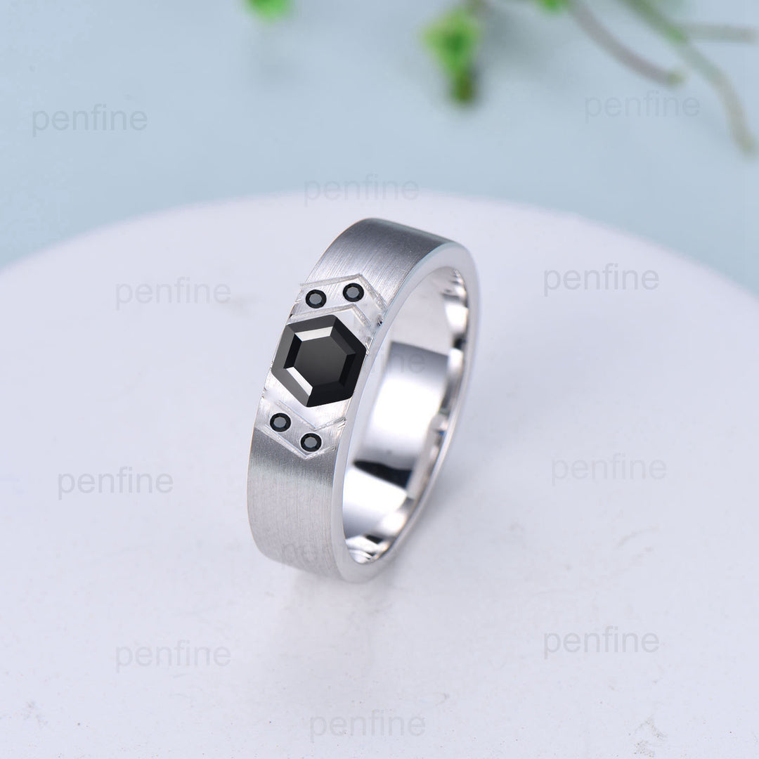 6mm Men's Wedding Ring Retro 1 carat Black Onyx Brushed Finished Solitaire Wedding Band Silver 14K Solid White Gold Unique Birthday Gift Men - PENFINE