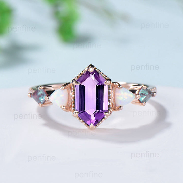 Vintage long hexagon amethyst engagement ring set unique triangle fire opal kite alexandrite wedding ring set double curved v emerald band - PENFINE