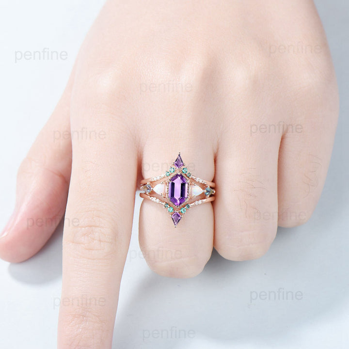 Vintage long hexagon amethyst engagement ring set unique triangle fire opal kite alexandrite wedding ring set double curved v emerald band - PENFINE