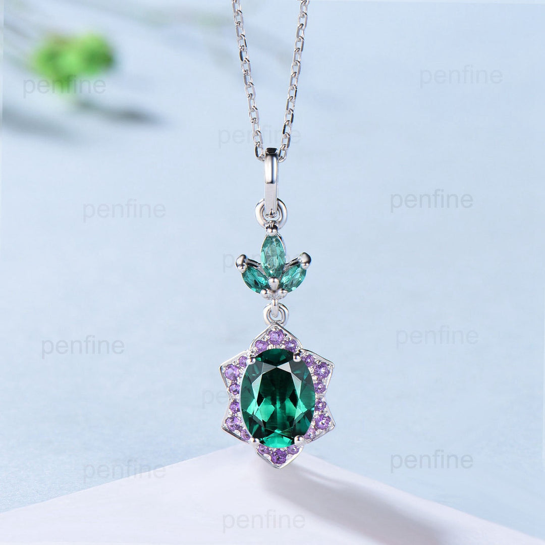 Vintage Oval Emerald Pendant necklace Retro Halo purple amethyst marquise lab emerald necklace for women handmade anniversary gift for mom - PENFINE