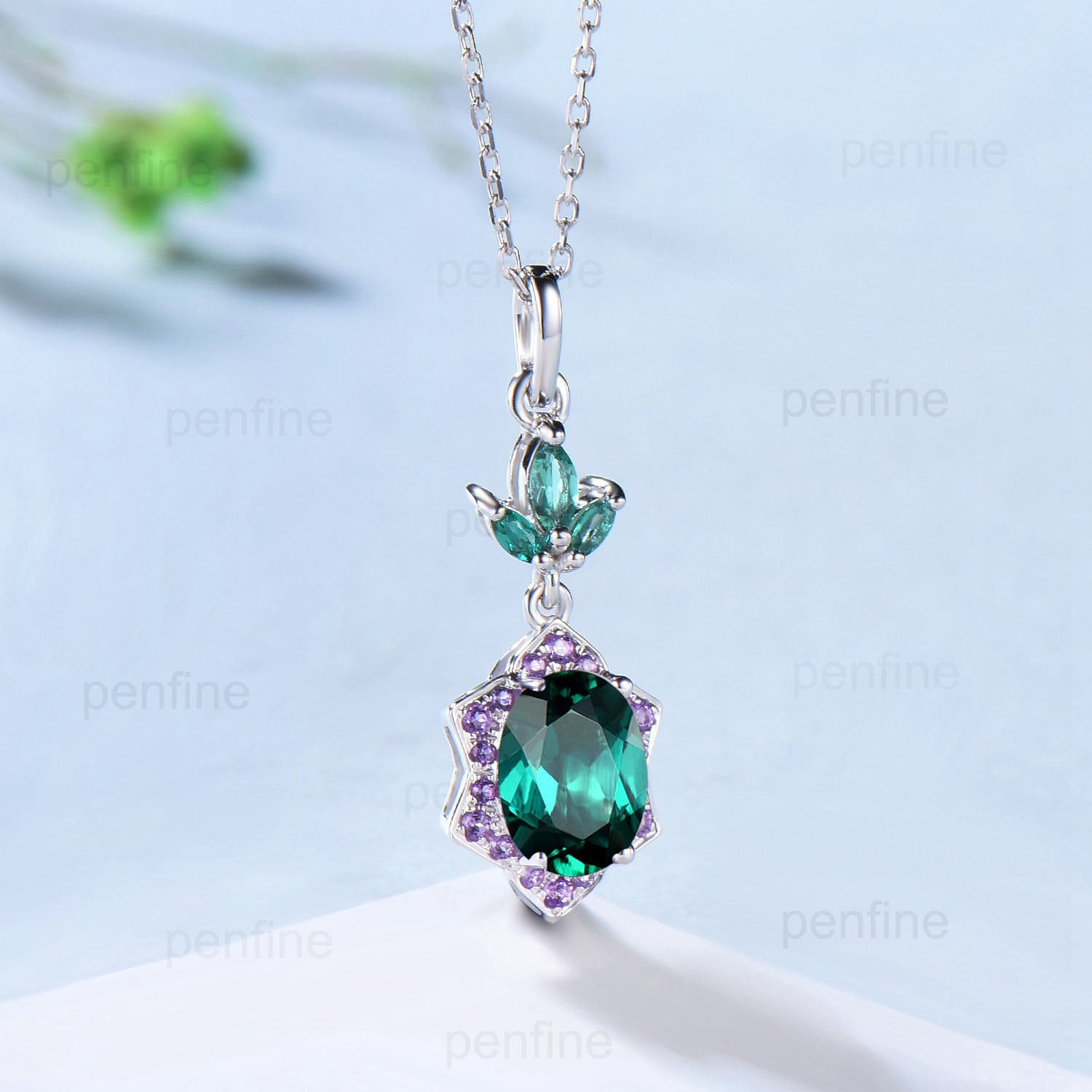 Vintage Oval Emerald Pendant necklace Retro Halo purple amethyst marquise lab emerald necklace for women handmade anniversary gift for mom - PENFINE