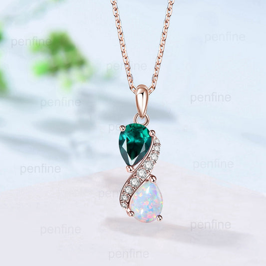 Unique Opal Emerald Pendant Necklace Women Alternative Moissanite fire opal necklace Vintage Snake Promise Gift pear shaped pendant for mom - PENFINE