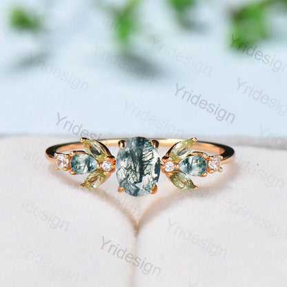 1 carat Oval Natural Moss Agate Engagement Rings Multi-Stone Rings Marquise Cut Peridot Wedding Ring Pear Green Agate Anniversary Ring Women - PENFINE